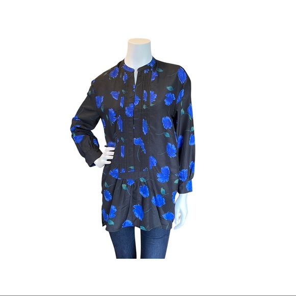 Black Blue Long Sleeve Flower Print Tunic - Small - Picture 1 of 8